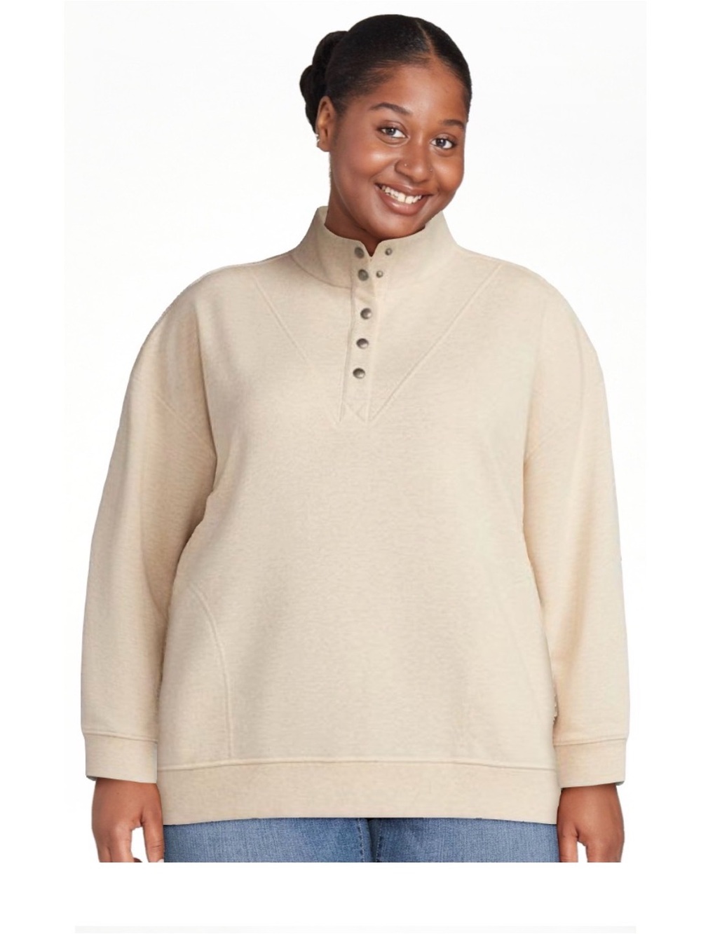 Time and Tru Beige Pullover Quarter-Button Sweatshirt